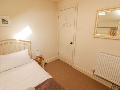 A bedroom with a bed a bedside table with a lamp a door with a hanger a wall mirror and a radiator at Meadow Cottage in Llanarthney nr Llandeilo Carmarthenshire