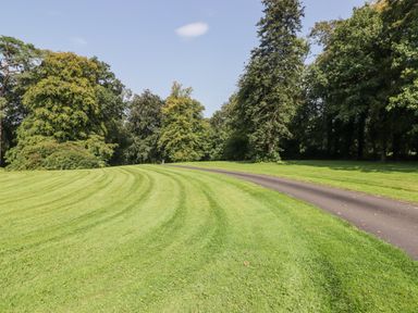 A curved paved path running through a large mowed grassy area surrounded by trees at Meadow Cottage in Llanarthney nr Llandeilo Carmarthenshire