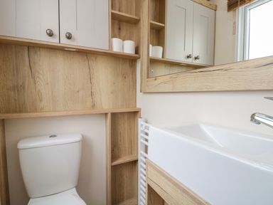 A bathroom with a toilet wooden cabinet shelves a sink and a mirror at Drake 11 in Cayton Bay