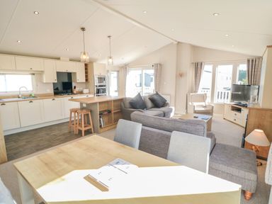 An open-plan kitchen and living room with a dining table two sofas armchair and a television at 28 Finch in Cayton Bay