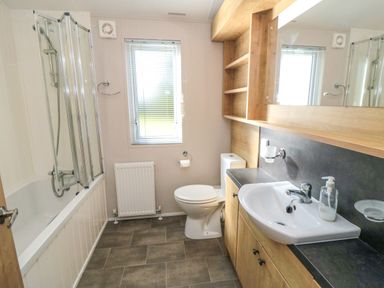 A bathroom with bathtub shower toilet sink and wooden shelves at 28 Finch in Cayton Bay