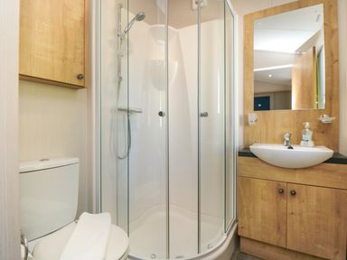 A bathroom with a toilet a glass shower enclosure and a wooden vanity with sink and mirror at 28 Finch in Cayton Bay
