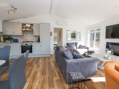 An open plan living area with a kitchen and dining chairs to the left a gray sofa and armchair in the center and a wall mounted TV on the right at Lakeland View Ambleside 86 White Cross Bay near Windermere