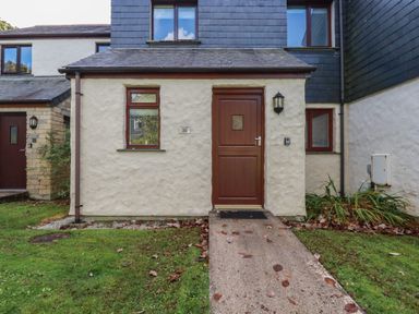 A front entrance with a brown door and window on a cream textured wall with a path and grass in front at Coombe Cottage in Falmouth