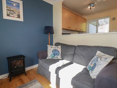 A living room with a grey sofa and two decorative pillows by a blue wall with a framed picture and a small black stove at Coombe Cottage in Falmouth