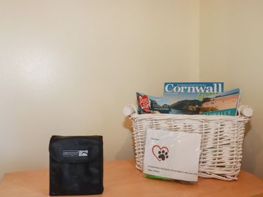 A white wicker basket with brochures and a plastic bag on a wooden table next to a black fabric pouch at Coombe Cottage in Falmouth