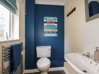 A bathroom with a toilet a sink a towel rail with a towel and a wall decoration at Coombe Cottage in Falmouth