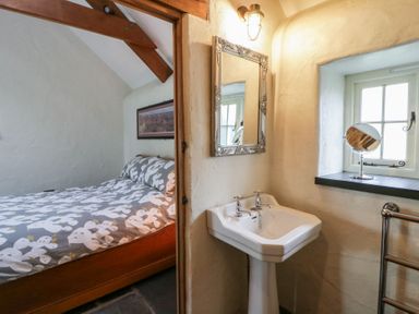 A bedroom with a bed and a sink at St Dogwells Barn near Wolfscastle