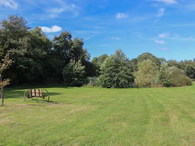 A grassy field with trees and a wooden cart with metal wheels at Shepherds Joy in Kennerleigh near Cheriton Fitzpaine