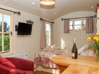 A small room with a bed towels a red chair a wall-mounted television a wooden table with a bottle and glasses and windows with patterned curtains at Shepherds Bliss in Kennerleigh near Cheriton Fitzpaine