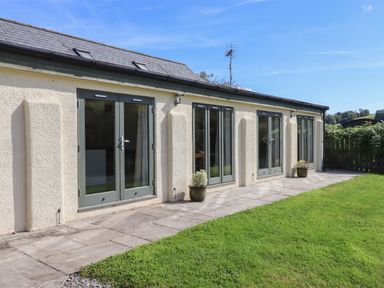 A cream colored building with multiple green framed windows and doors and two potted plants on a stone patio with grass surrounding at Binneford Barn in Kennerleigh near Cheriton Fitzpaine