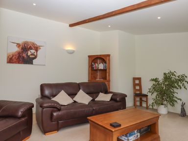 A living room with a brown leather sofa and armchair a wooden coffee table bookshelf chair plant and animal figurine at Binneford Barn in Kennerleigh near Cheriton Fitzpaine
