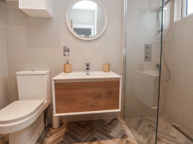 A bathroom with a toilet sink vanity mirror and a walk in shower at The Lodge @ Racecourse House Babell near Holywell