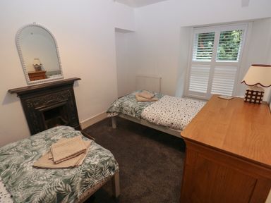 A bedroom with two single beds a wooden dresser a lamp a mirror and a fireplace at Rushfield in St Dogmaels North Pembrokeshire