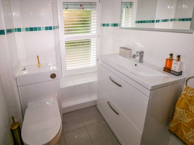 A bathroom with a toilet a window with blinds a sink with soap dispensers and a mirror at Rushfield St Dogmaels North Pembrokeshire