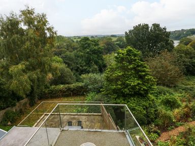 A garden with trees bushes and a patio with chairs in a rural setting at Rushfield in St Dogmaels North Pembrokeshire