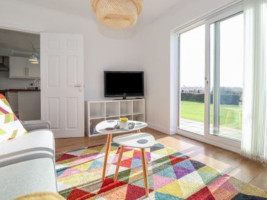 A living room with a gray sofa colorful geometric rug small white tables flat screen tv on a white shelf and sliding glass door to a garden at Beachcomber Maer near Bude
