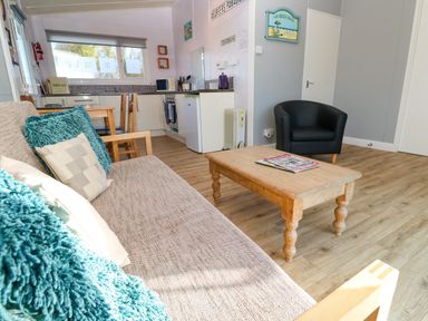 An open living room and kitchen area with a beige sofa with blue and beige cushions a wooden coffee table a black armchair and a small dining table with wooden chairs at Chalet 3 Wipeout in Hayle