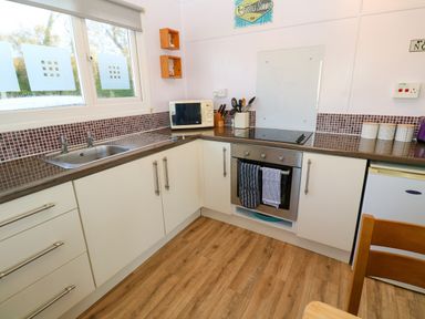 A kitchen with white cabinets a stove a microwave and a sink at Chalet 3 Wipeout in Hayle