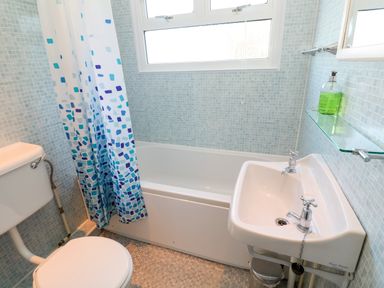 A bathroom with a toilet sink bathtub and shower curtain at Chalet 3 Wipeout in Hayle