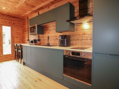 A kitchen with dark cabinets wooden walls and floor with microwave oven sink and air fryer at Badger's Burrow in South Luffenham near Edith Weston