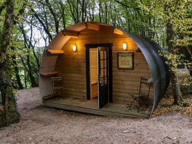 A small curved wooden pod structure with an open door and two chairs outside in a wooded area at Ballybeg Pod 2 Ballybeg near Tinahely County Wicklow