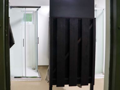 A bathroom with a glass shower enclosure a small window and a black wooden divider at Ballybeg Pod 5 Ballybeg near Tinahely County Wicklow