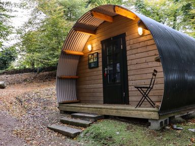 A small wooden pod with a black door and a folding chair outside in a wooded area at Ballybeg Pod 7 Ballybeg near Tinahely County Wicklow