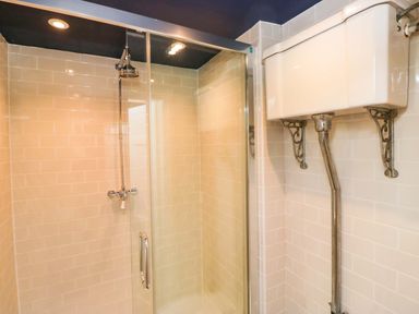 A bathroom with a shower and toilet tank at Unicorn Cottage
