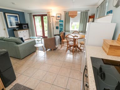A combined kitchen and living room with a dining table chairs sofa armchair and television at Chy Lowena Goldenbank near Budock Water