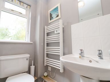 A bathroom with a toilet a window a white towel radiator a sink and a mirror at Chy Lowena Goldenbank near Budock Water
