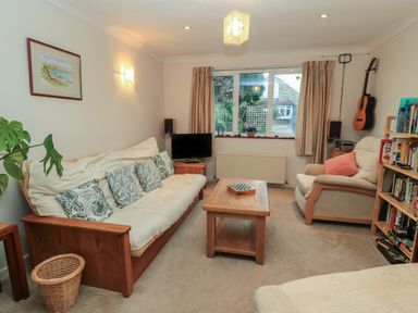 A living room with a couch, armchair, coffee table, TV, bookshelf, and guitar on the wall at Old Harry Cottage 16 Swanage