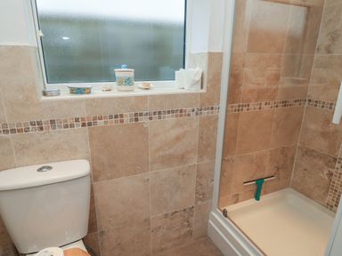 A bathroom with a toilet, a window sill holding small containers and toilet paper, and a shower area with a squeegee at Old Harry Cottage 16 in Swanage