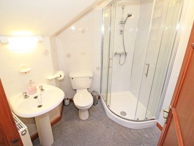 A bathroom with a sink toilet and a glass shower enclosure at Artists Cottage in Minffordd near Penrhyndeudraeth