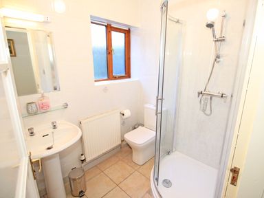 A bathroom with a pedestal sink a toilet a shower enclosure and a window at Artists Cottage in Minffordd near Penrhyndeudraeth