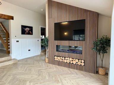 A living room with a wall-mounted television above a fireplace with logs and two potted plants on either side at Beudy Pwll Pridd in Llangollen