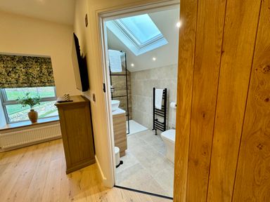 A view into a bathroom with a skylight shower towel racks and toilet next to a wooden cabinet and window with a plant at Beudy Pwll Pridd in Llangollen