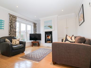 A living room with a black armchair brown sofa a television on a wooden stand a fireplace and patterned curtains at 6 Willows Green in Aldeburgh