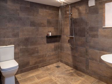 A bathroom with a walk in shower a toilet and a wall mounted sink at High View Barn in Sedbergh