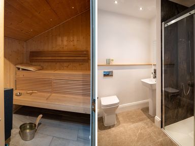 A wooden sauna next to a bathroom with a toilet sink and shower at High View Barn in Sedbergh