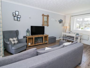 A living room with a gray armchair a sofa a wooden TV stand with a TV and a fireplace a dining table and window at The Cwtch in Aberporth