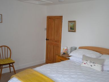 A bedroom with a bed and a chair at Vine Cottage in East Prawle