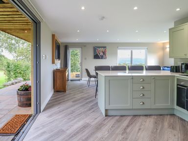 An open kitchen and dining area with green cabinets and bar stools and a door leading outside at Orchard Lodge in Maerdy near Corwen