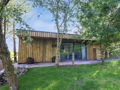 A wooden lodge with large glass doors surrounded by trees and grass at Orchard Lodge in Maerdy near Corwen