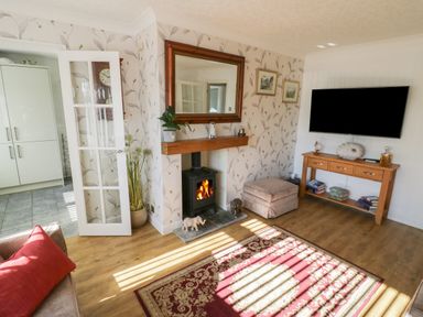 A living room with a wood-burning stove a wall-mounted television a wooden console table and a glass door leading to the kitchen at Howard Cottage North Littleton near Offenham