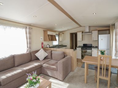 An open living room and kitchen area with a brown sofa, a wooden dining table, and kitchen appliances at Elm in Denny