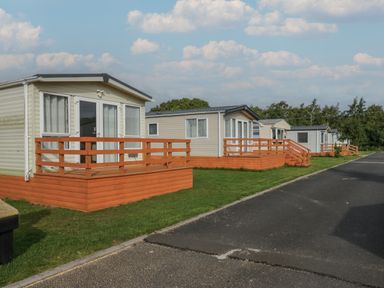 A row of mobile homes with wooden porches on a grassy area beside a paved road at Elm in Denny