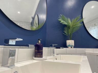A bathroom sink with two chrome faucets a bottle of hand wash and a potted plant on a counter at Happy Place in Sheringham