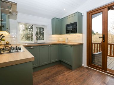 A kitchen with green cabinets wooden countertops a gas stove a sink a window wooden flooring and a glass door leading outside at Esk Pike 9 Skiptory Howe White Cross Bay near Windermere
