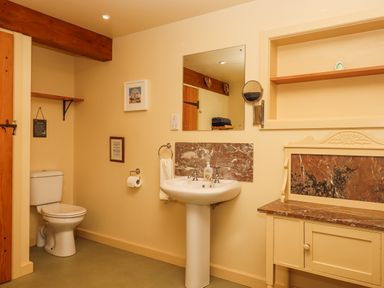 A bathroom with a toilet sink mirror and a cabinet with marble surfaces at Sherway Dairy in Clyst Hydon near Bradninch